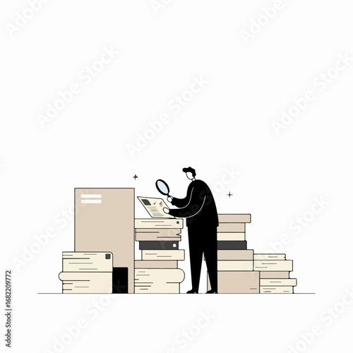 Diligent professional reviewing extensive paperwork with a magnifying glass, surrounded by files and documents, symbolizing detailed analysis and investigation.
