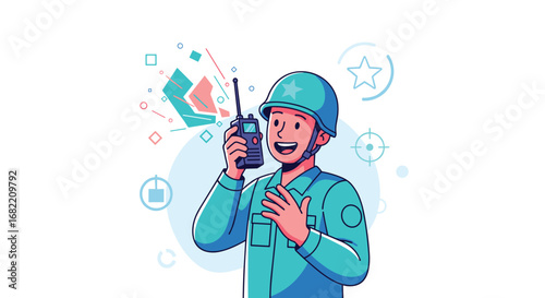 Enthusiastic soldier communicating via radio with mission success and teamwork symbols