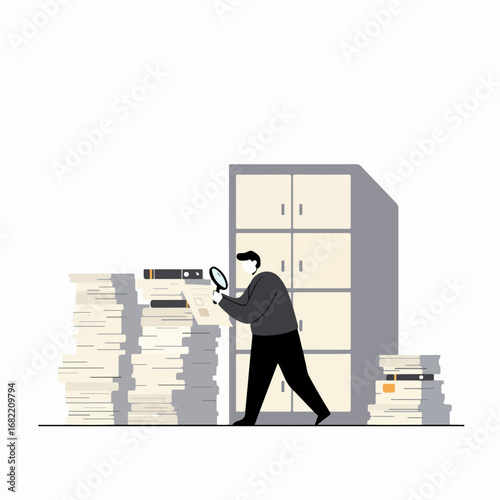 A man meticulously examines documents with a magnifying glass amidst overwhelming stacks of paperwork and filing cabinets, representing thorough investigation and data analysis.