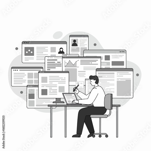 Online worker surrounded by multiple web interfaces, managing digital content and information on laptop and monitor.