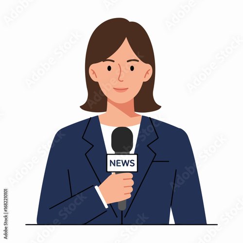 Professional female journalist reporting news with a microphone, illustration.