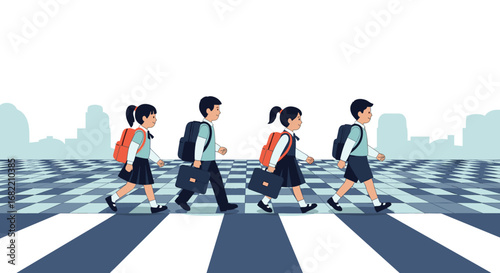 Children in school uniform walk across crosswalk with backpacks and briefcases, symbolizing education and urban life