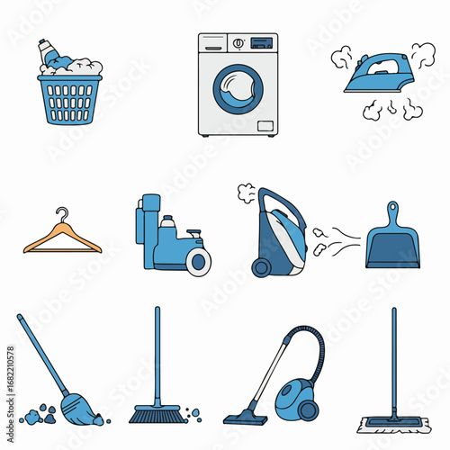 A vibrant collection of flat line icons showcasing essential household cleaning and laundry equipment, tools, and supplies.