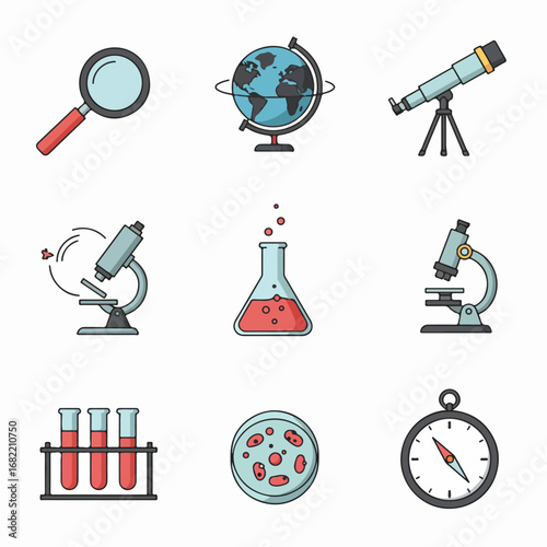 Collection of scientific and educational tools icons, including magnifying glass, globe, telescope, microscopes, lab equipment, and compass, representing research, discovery, and learning concepts.