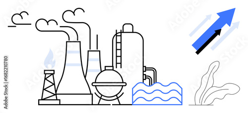 Factory with chimneys emitting smoke, oil rig, wave patterns, arrows indicating growth, and plants. Ideal for economy, industry, sustainability, environment growth innovation and climate change