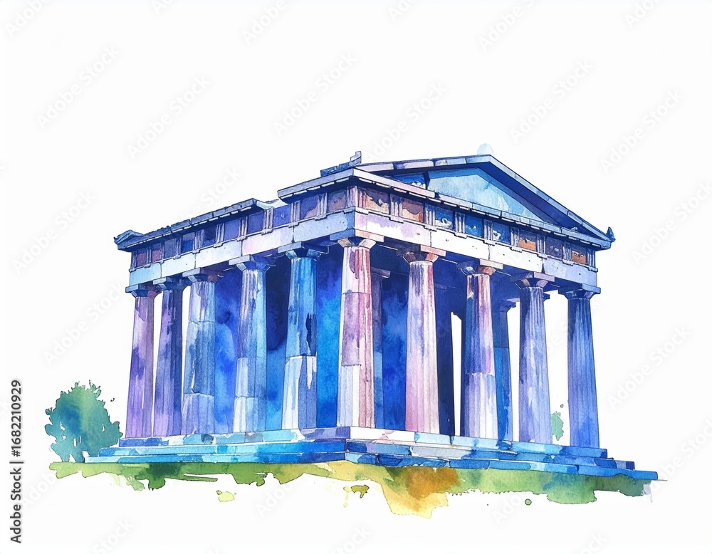 Obraz premium Watercolor illustration of a majestic roman temple with vibrant blue and violet hues