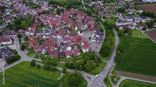 Aerial view of the old town city Ötisheim in Germany on a late sunny day in summer. 