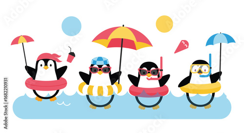Cute penguins enjoying a fun summer beach vacation with umbrellas and drinks