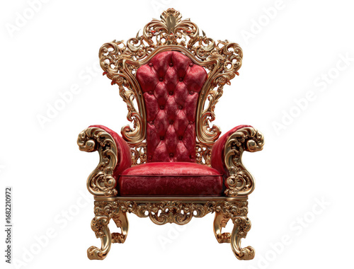 Luxurious vintage throne chair with red velvet upholstery and intricate golden carvings