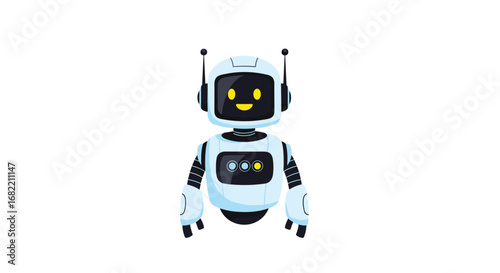 Friendly cartoon robot character with a cheerful expression, perfect for tech and innovation themes
