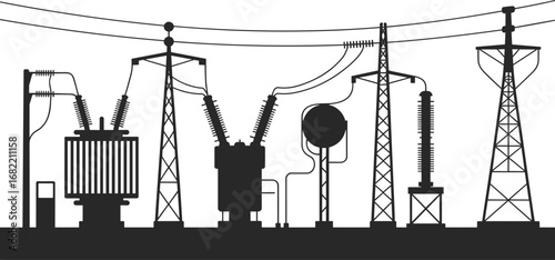 Electrical substation, high voltage transmission, power distribution, transformers, circuit breakers, insulators, power lines, energy infrastructure, electricity grid, utility network