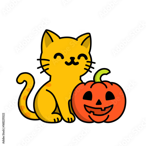 Illustration of a smiling cat near a Halloween-themed pumpkin, use it as an icon, sticker or logo.