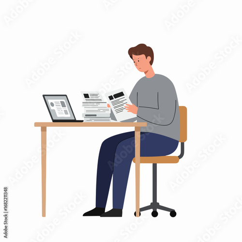 Illustration of a man diligently reviewing a large stack of documents at his office desk with a laptop, focusing on paperwork.