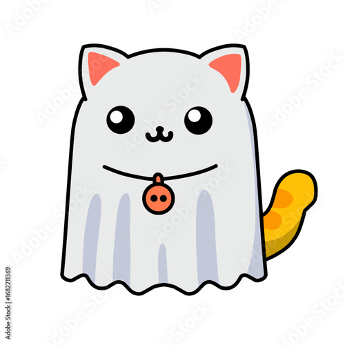 Illustration of a cat wearing a cute ghost costume with a halloween theme, use it as an icon, sticker or logo.