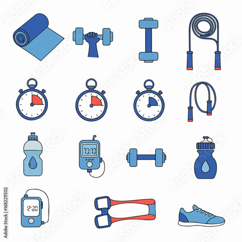 Fitness and Workout Equipment Icon Set: Yoga Mat, Dumbbells, Jump Ropes, Stopwatches, Water Bottles, Pedometers, and Running Shoe Illustrations.