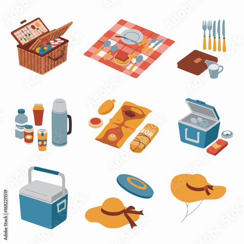 Collection of Isometric Picnic Essentials and Food Items for an Outdoor Meal, Including Baskets, Coolers, Blankets, and Accessories