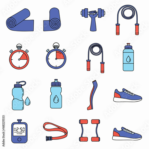 Collection of vibrant outline fitness and gym equipment icons, featuring workout essentials for an active and healthy lifestyle on a clean white background.