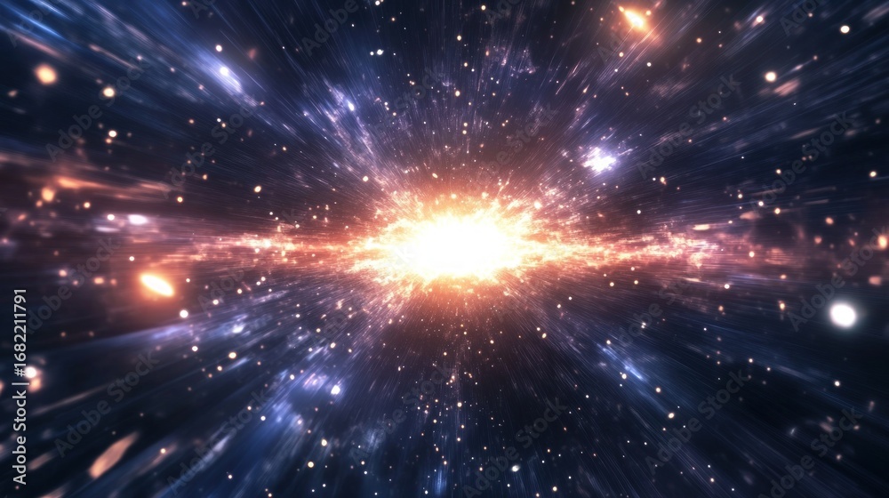 Fototapeta premium Abstract cosmic explosion with glowing light and stars in deep space background view