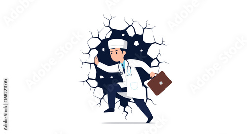 Determined doctor bursts through wall with briefcase, symbolizing medical breakthrough and progress