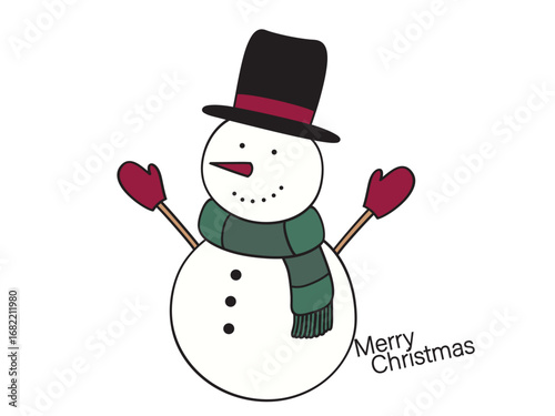 帽子とマフラー、赤い手袋をつけた可愛い雪だるまのクリスマスイラスト