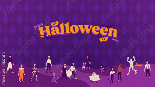 ベクターフレームイラスト素材：家族やカップルが魔女や幽霊などの仮装を楽しむ様子 Vector frame illustration material featuring people such as families and couples enjoying costumes like witches and ghosts