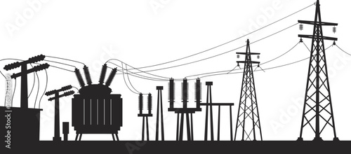 Electrical substation, high voltage transmission, transformers, circuit breakers, insulators, utility poles, transmission towers, energy infrastructure, electricity grid, industrial engineering, 
