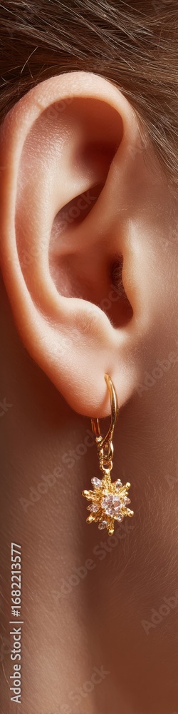 Fototapeta premium Festive Gold Snowflake Earring Close-Up on Human Ear Authentic Christmas and Hanukkah Style for Premium Holiday Marketing Campaigns