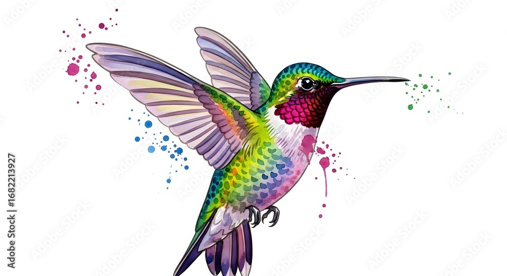 Obraz premium Hummingbird Illustration with Watercolor Splatters
