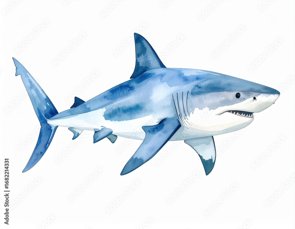 Obraz premium Watercolor illustration of a Great White Shark, majestic marine predator swimming freely