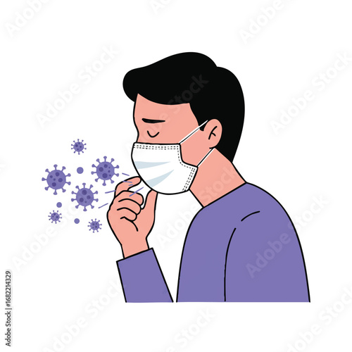 A flat 2D vector illustration shows a person wearing a face mask gently coughing, abstract virus particles visibly contained, promoting responsible health practices.