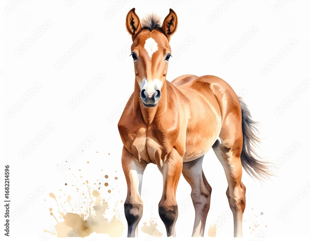 Fototapeta premium Watercolor illustration of a lovely foal standing gracefully on a white background
