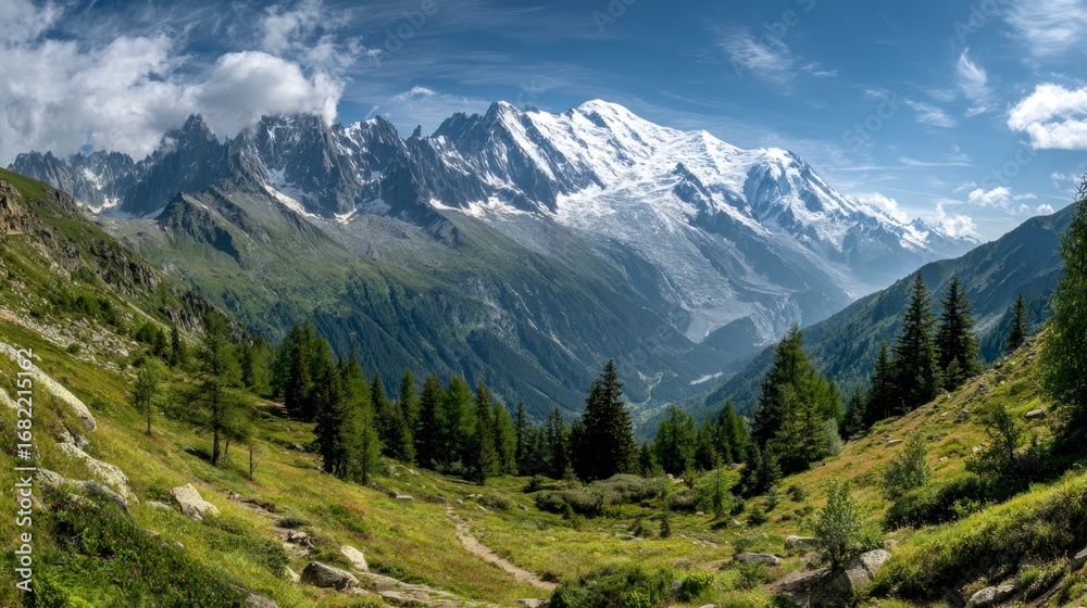 Fototapeta premium Mountain vista with snowcapped peaks green valley and scattered trees under a partly cloudy sky