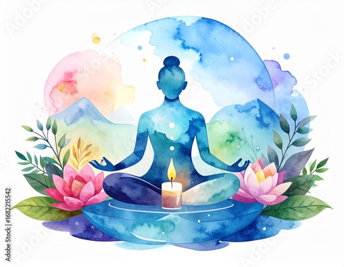 Watercolor Meditation: Serene lotus position silhouette with dreamy nature elements