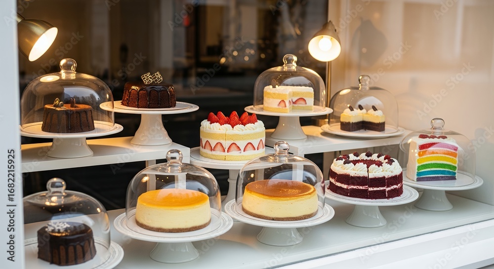Naklejka premium Assorted Cakes and Cheesecakes Displayed Under Glass Domes in a Pastry Shop Window