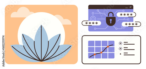 Lotus flower symbolizing growth, browser with password lock, and data analytics chart. Ideal for mindfulness, online security, growth, progress, innovation, personal development simple flat metaphor