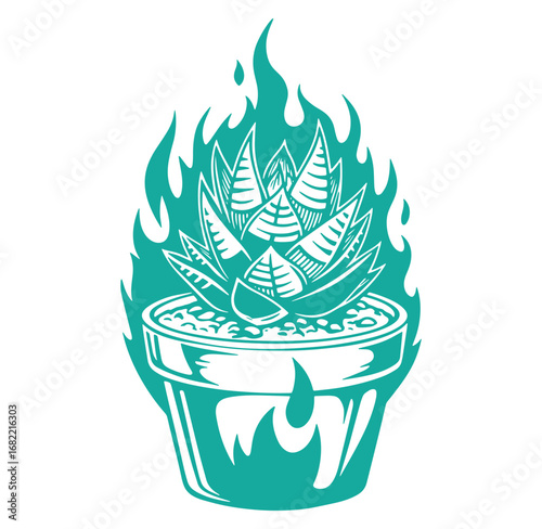 Artistic illustration of a flaming succulent plant growing in a decorative pot