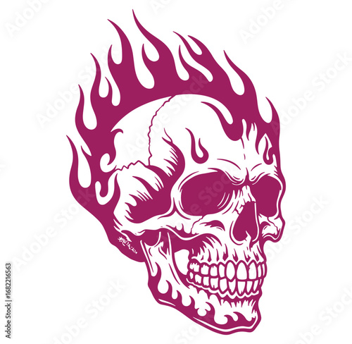 Bold silhouette of a skull emblazoned with flames in a striking purple color scheme