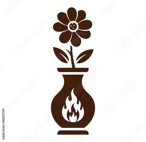 Brown flower in a vase with flames symbol representing contrast and life