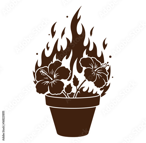 Brown stylized vector illustration of hibiscus flowers in a pot enveloped in flames and fire elements