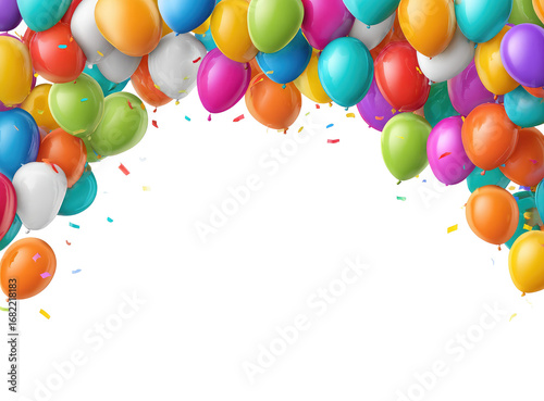 Colorful balloons and confetti frame a black background