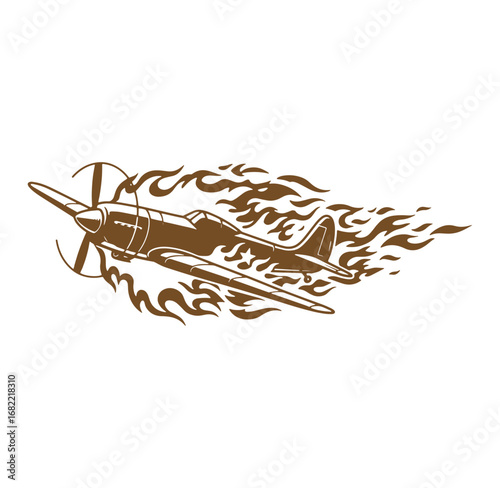 Brown vintage airplane illustration with propellor surrounded by stylized flames on white background