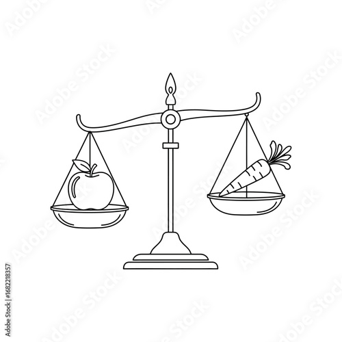 Apple and carrot on a balanced scale in a minimalist black and white line drawing illustration style