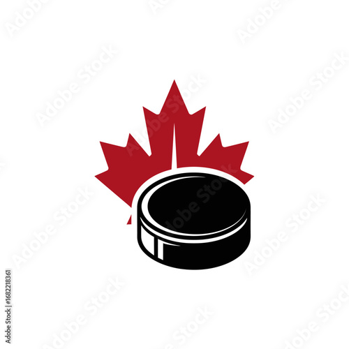 A graphic of a hockey puck in front of a red maple leaf on a white background illustration style