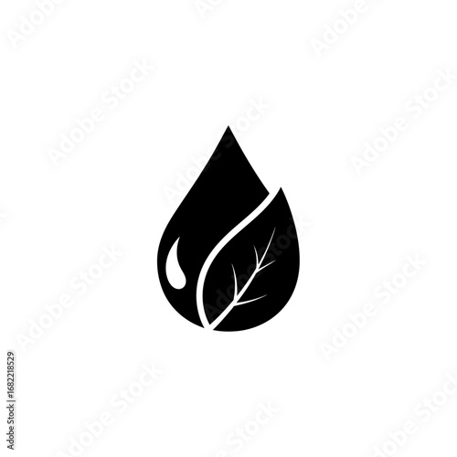 Illustration of a black water drop shape with a leaf inside on a white background in vector format