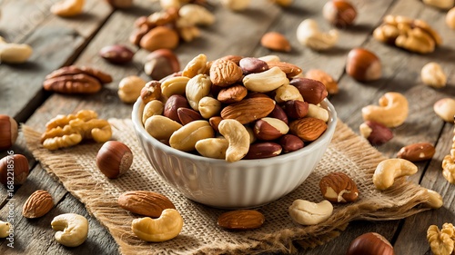 Variety of Nuts Piled in a White Bowl mixed nuts assortment