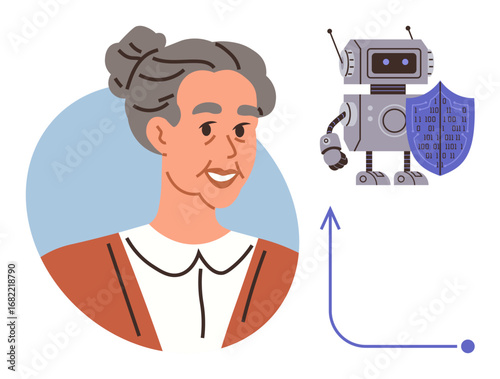 Elderly woman smiling beside a smiling robot holding a shield with binary code. Arrow symbolizes progress. Ideal for technology, AI benefits, cybersecurity, senior care, robotics, innovation, future