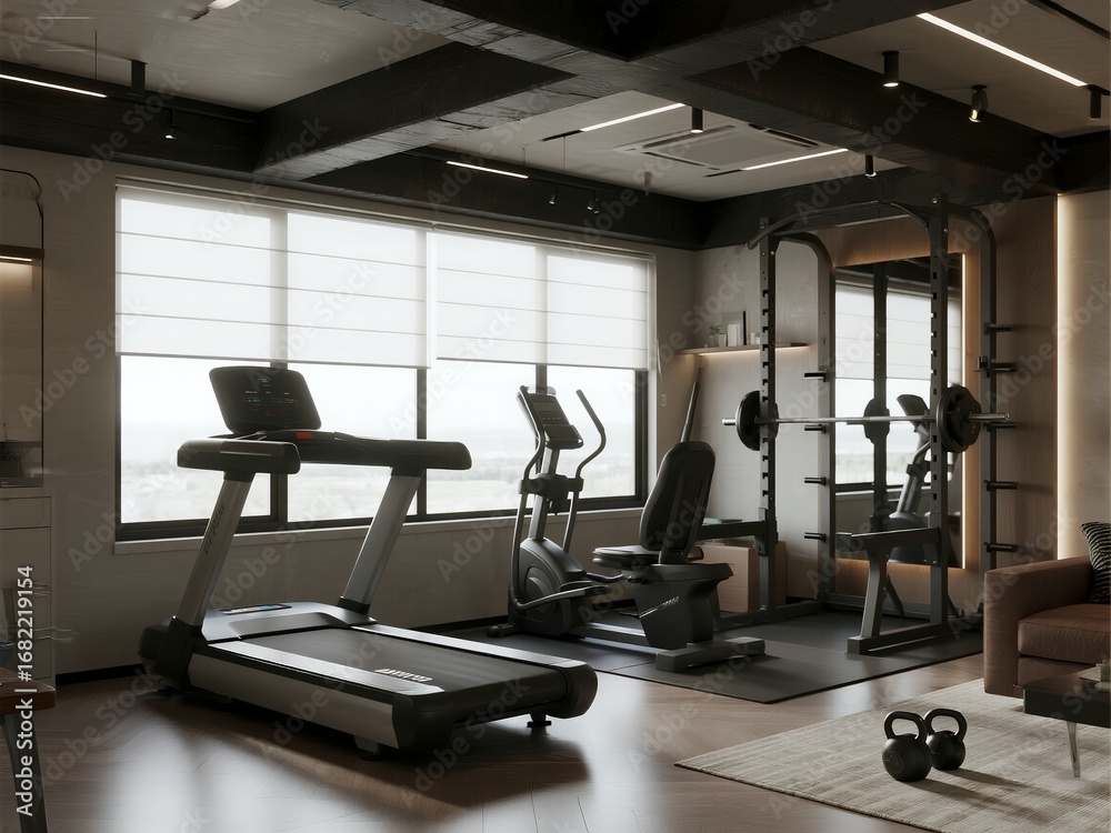Fototapeta premium modern home gym with fitness equipment, natural lighting from window, mirrored wall, and gym lights.