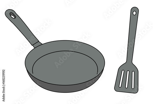 英語タイトル
Frying pan and spatula kitchen utensil illustration for cooking design, recipe content, food preparation, culinary education, household kitchenware and restaurant promotional material isolated 