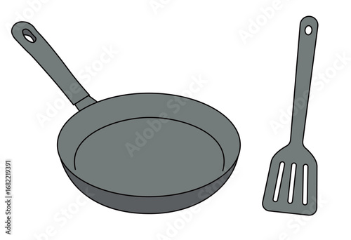 Simple frying pan kitchen utensil illustration for cooking, food preparation, recipe design, household kitchenware, culinary education, and restaurant promotional content isolated on white background