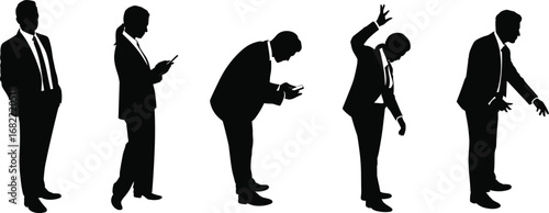Silhouette business people using smartphone, bad posture problem, modern technology addiction concept, digital device dependence, office workers bending forward